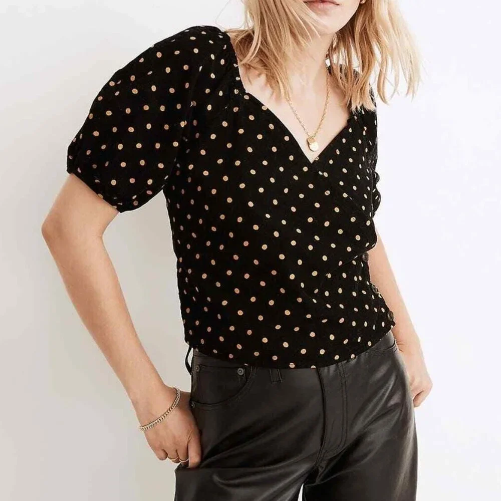 NWOT Madewell Corduroy Wrap Puff Sleeve Blouse Top Black Yellow Dot Size XXS